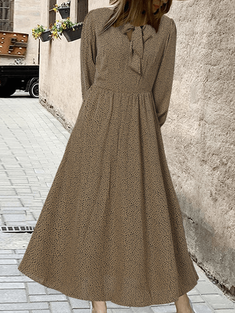 Women Vintage Polka Dot Print Knotted Big Swing Casual Long Sleeve Dress