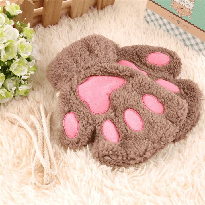 Women Girls Fluffy Plush Bear Cat Paw Fingerless Gloves Paw Glove Winter Warm Mittens