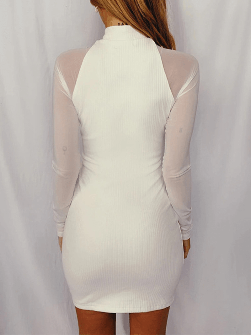 Women Stand Collar Front Zipper Mesh Long Sleeve Slim Wrap Dress