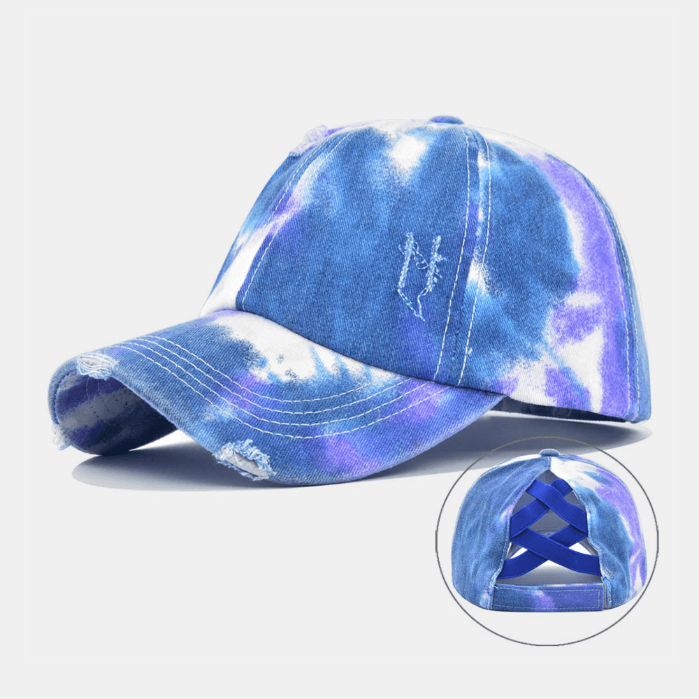 Unisex Colored Tie-Dye Ponytail Baseball Cap Broken Hole Big Brim Breathable Stretch Fit Cap - MRSLM