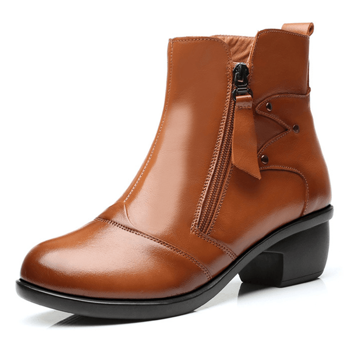 Zipper round Toe Leather Ankle Short Boots