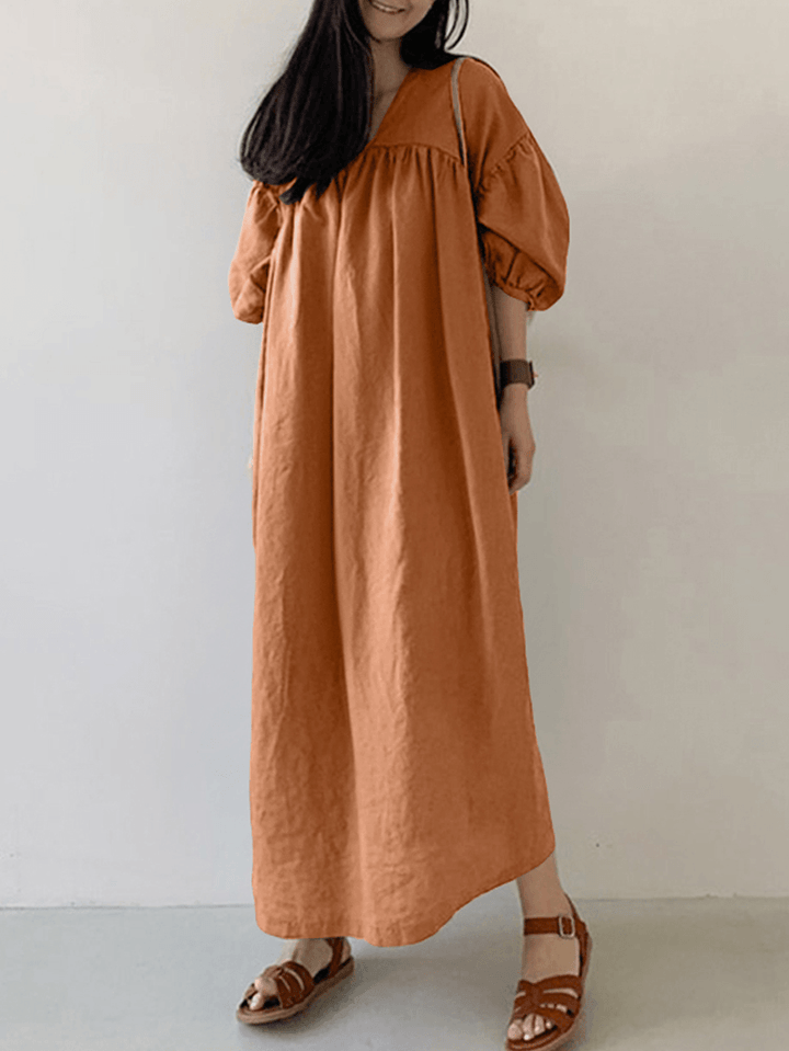 Women Cotton Solid Pleated Loose Puff Sleeve Maxi Dresses with Side Pockets - MRSLM