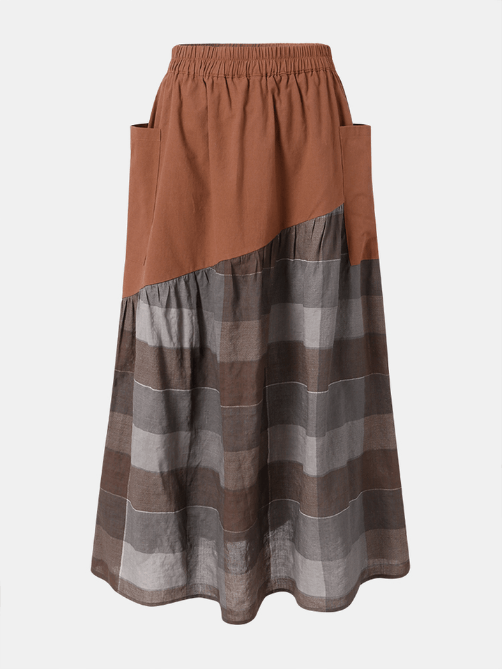 Plaid Print Patchwork Pocket Long Casual Skirt