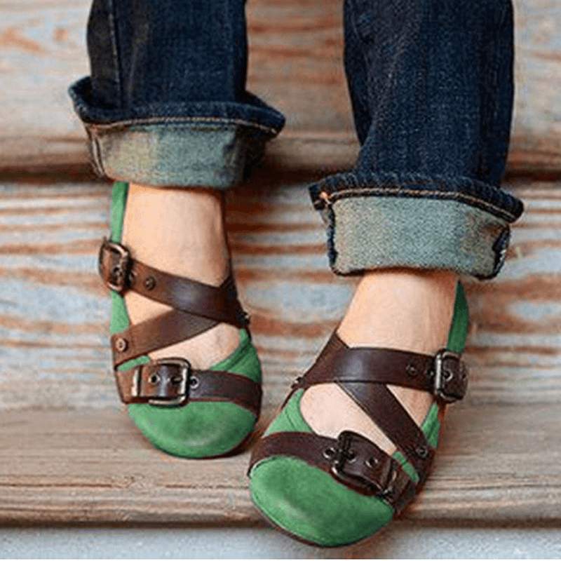 Large Size round Toe Buckle Slip on Casual Flat Shoes - MRSLM