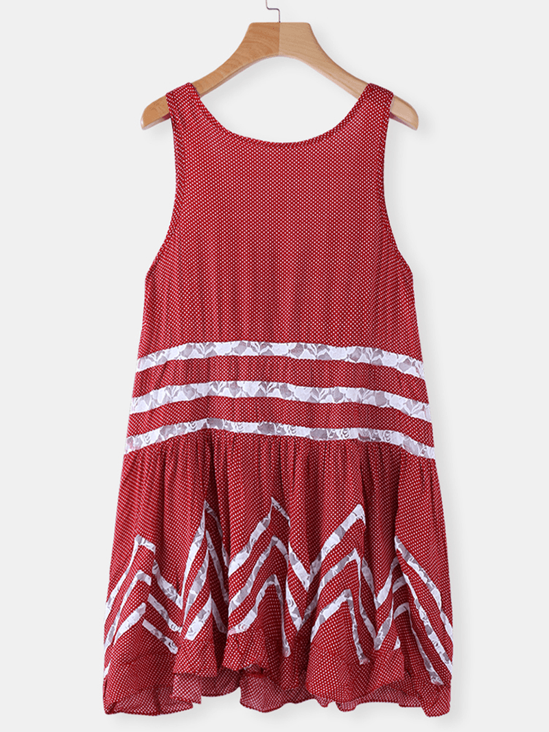 Lace Patchwork O-Neck Polka Dot Hollow Sleeveless Mini Dress