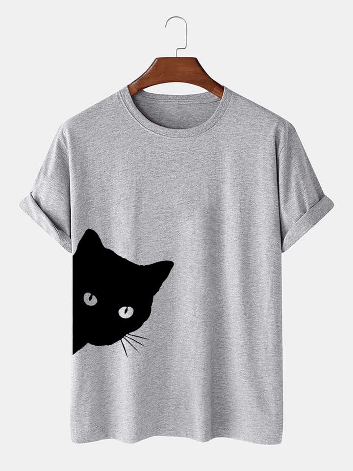 Mens 100% Cotton Cute Cartoon Cat Print Breathable Casual Short Sleeve T-Shirts