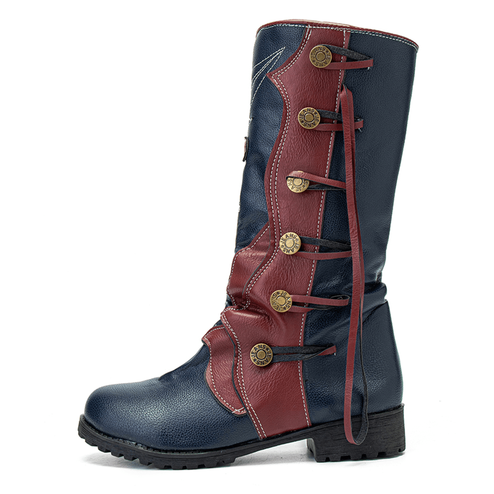 Women Leaf Pattern Autumn Winter Warm Wear Resistant round Head Mid-Calf Boots