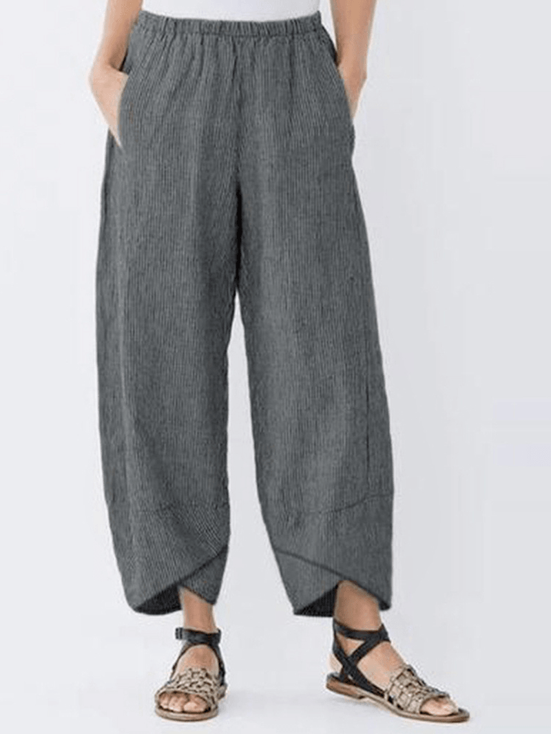 Casual Pocket Elastic Waist Stripe Women Pants