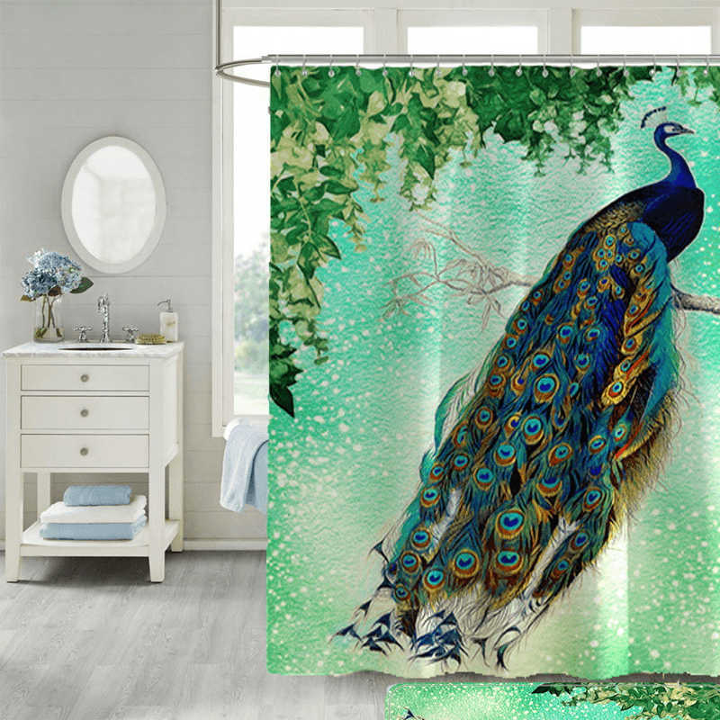 4Pcs Peacock Print Shower Curtain Floor Mat Bathroom Mat Bath Creat Decor