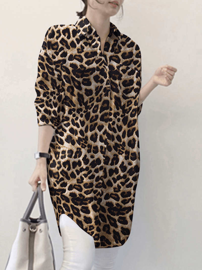 Women Spliced Leopard Printed Side Fork Turn-Down-Collar Button Knee Length Casual Shirts