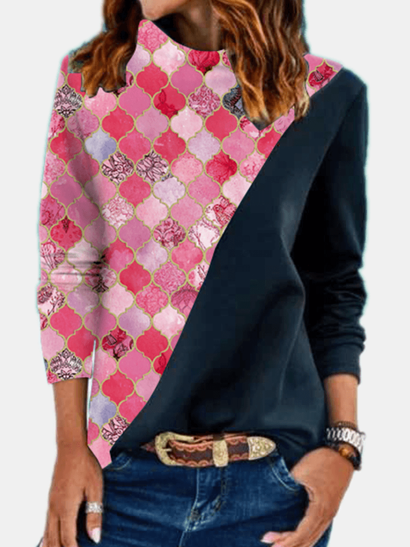 Women Geometry Graphic Patchwork Ethnic Style Heaps Collar Sweatshirts