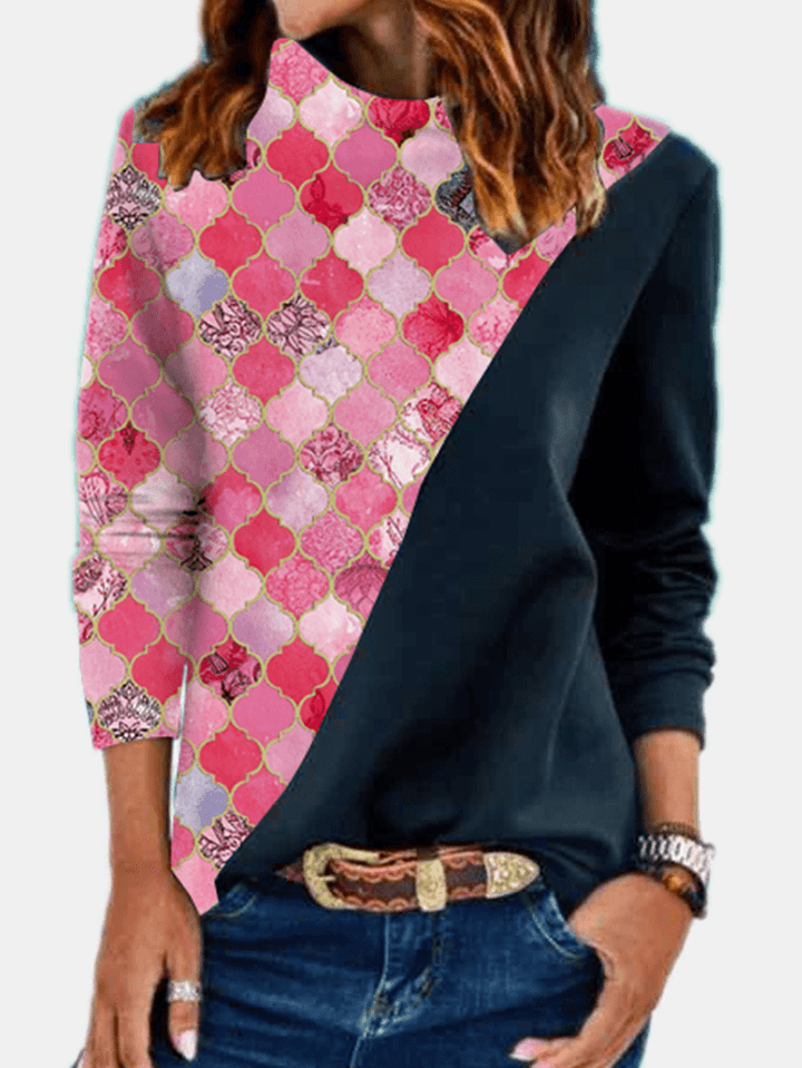 Women Geometry Graphic Patchwork Ethnic Style Heaps Collar Sweatshirts