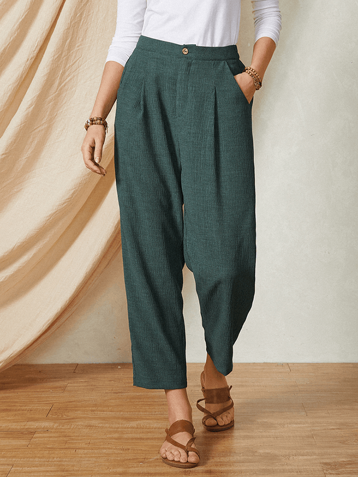 Pure Color Elastic Waist Button Pocket Harem Pants Women Casual Bottoms