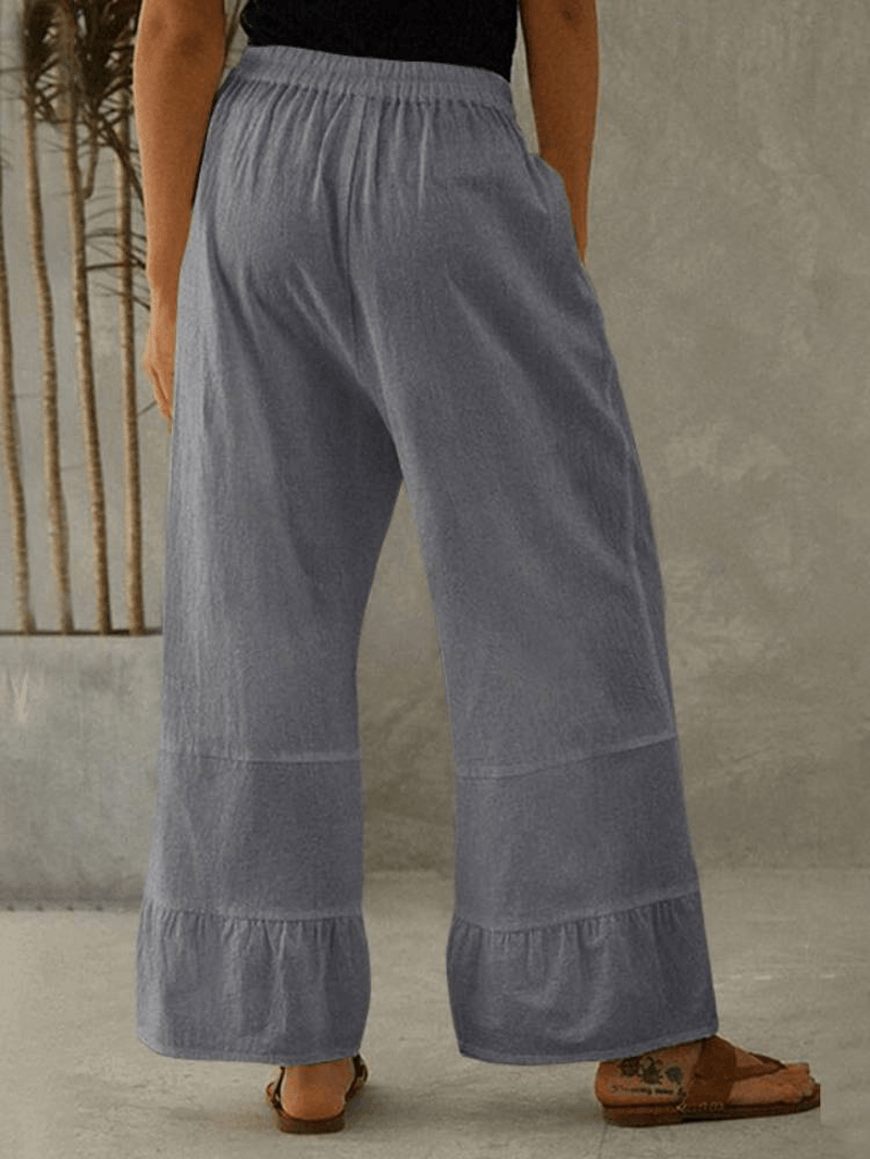 Women Cotton Plain Ruffle Cuff Elastic Waist Loose Casual Solid Wide Leg Pants