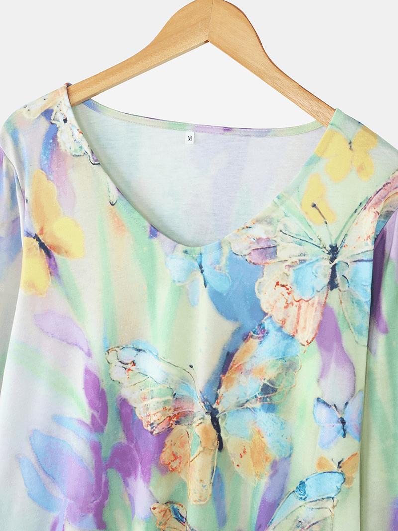 Women Multi-Color Floral Butterflies Print V-Neck Long Sleeve Casual Blouse