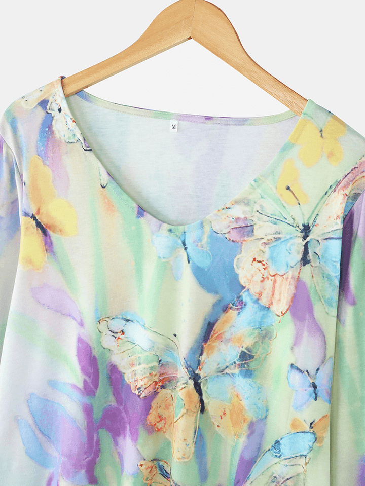 Women Multi-Color Floral Butterflies Print V-Neck Long Sleeve Casual Blouse