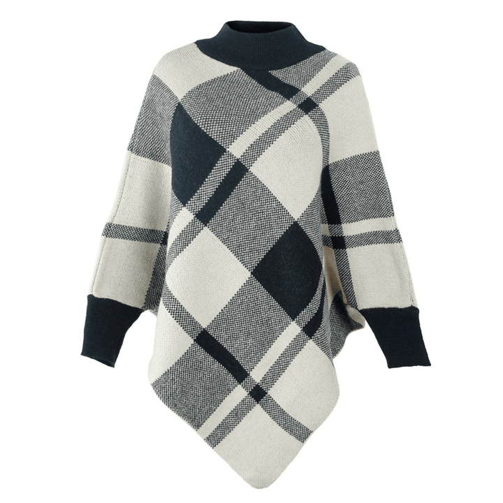 Color Block Check Cape Bat Sleeve Pullover Knit Shawl