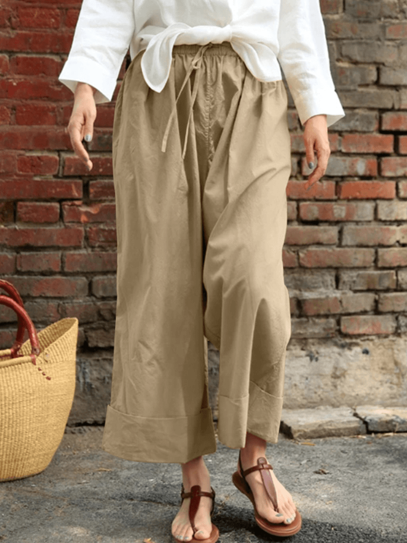 Women Casual Drawstring Waist Solid Holiday Vintage Wide Leg Pants with Pockets