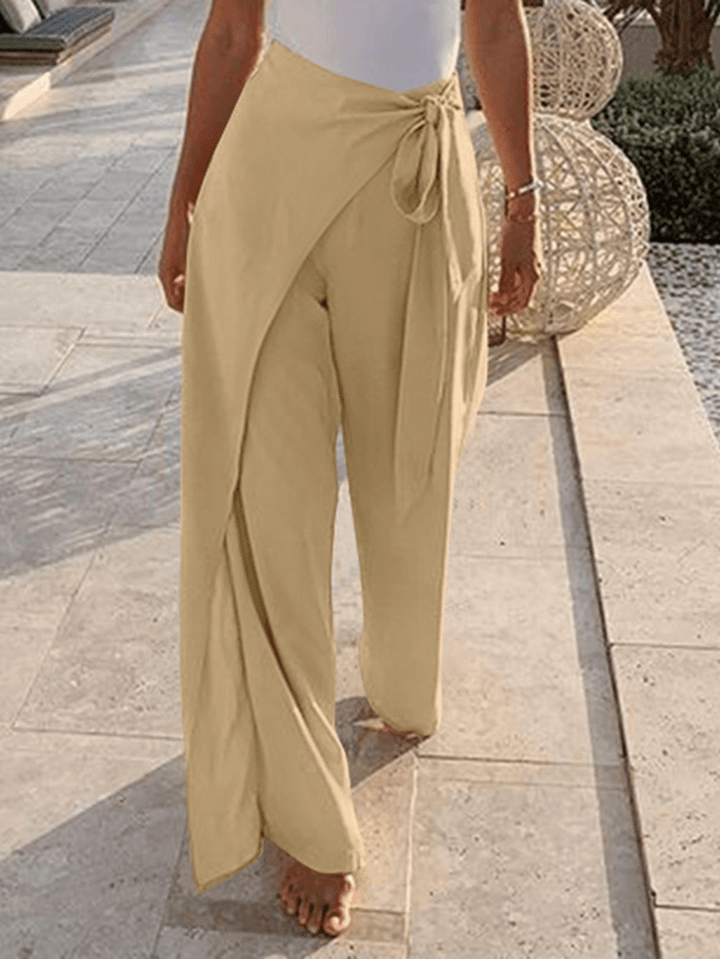 Solid Color High Waist Bandage Zipper Irregular Women Casual Wide Leg Pants - MRSLM