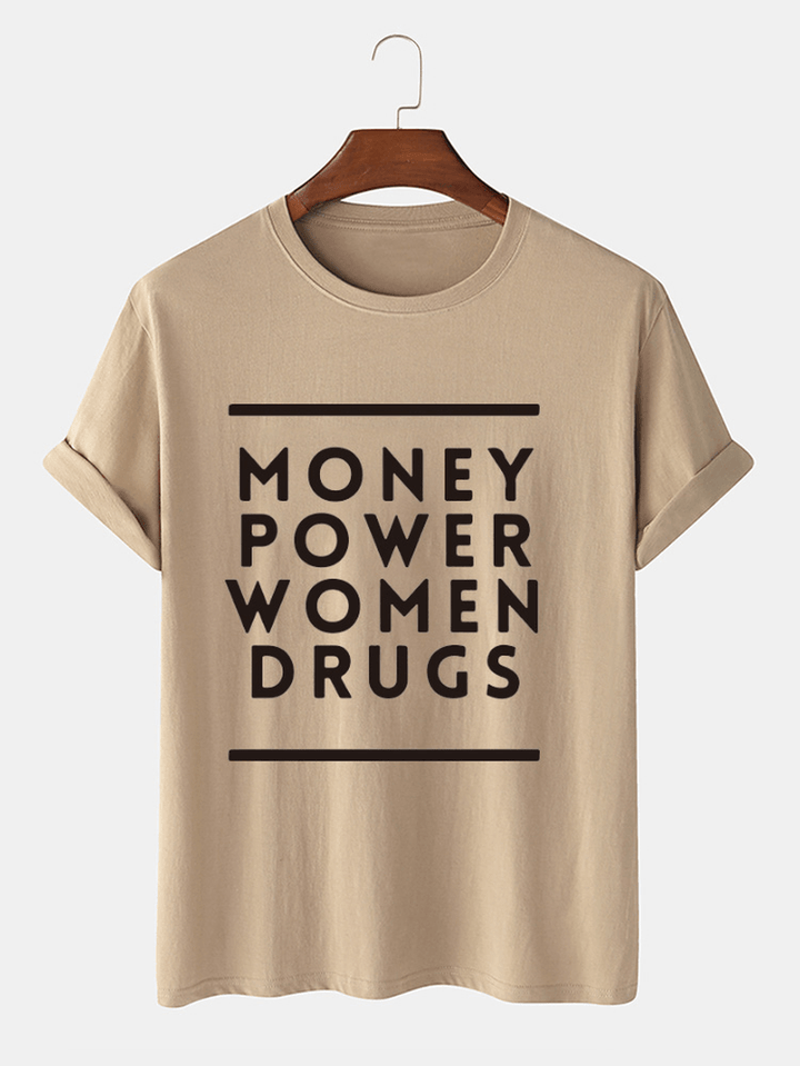 Mens Money Power Letter Print Cotton O-Neck Casual Loose Short Sleeve T-Shirt