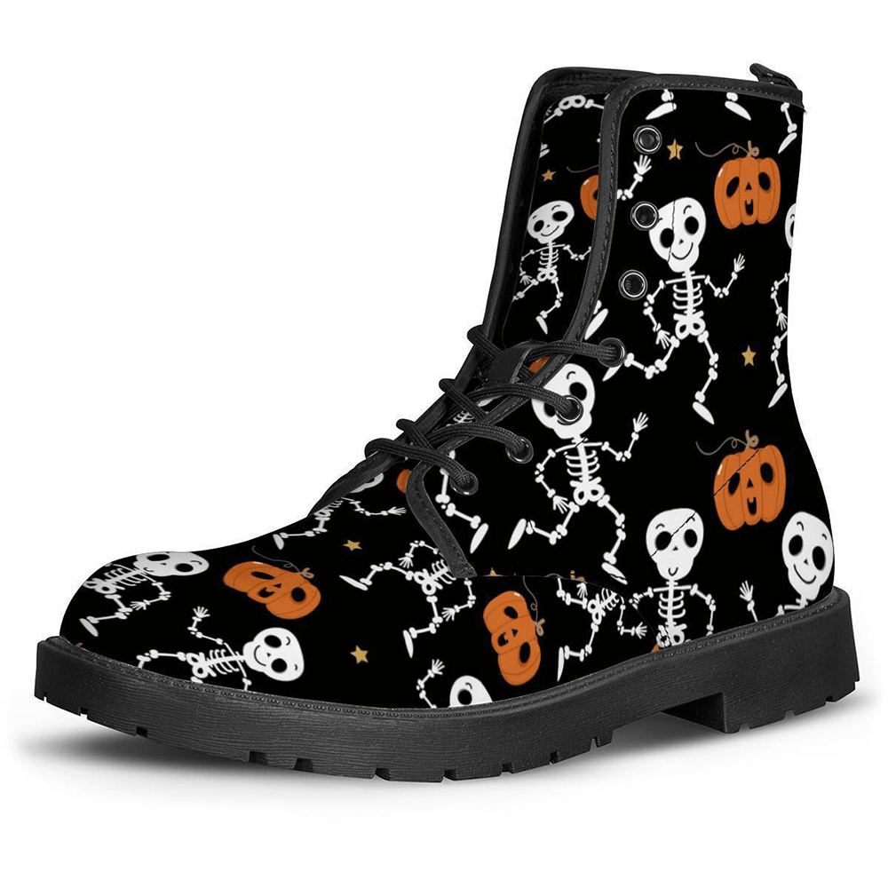 Halloween Women Funny Skeleton Pumpkin Printing Soft Rubber Non-Slip Outsole Martin Boots - MRSLM