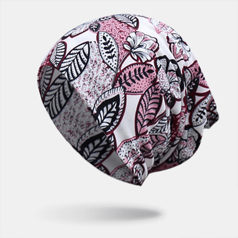 Women Cotton Floral Leaf Printing Pattern Casual Outdoor Dual-Use Neck Protection Brimless Beanie - MRSLM