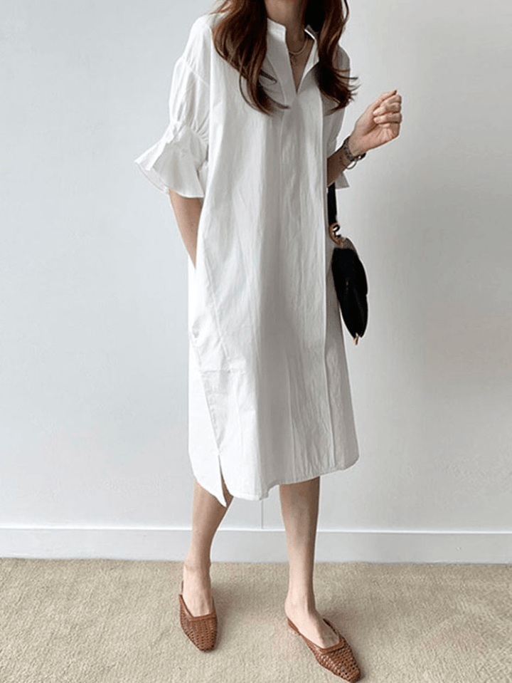 Casual Plain Lapel Button Half Sleeve Side Pocket Shirt Dress