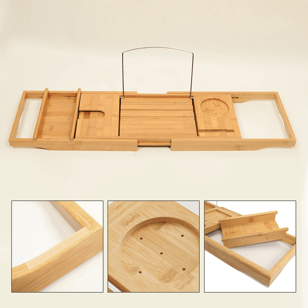 Honana BX-816 Expandable Bamboo Bath Caddy Wine Glass Holder Tray over Bathtub Rack Support Storage