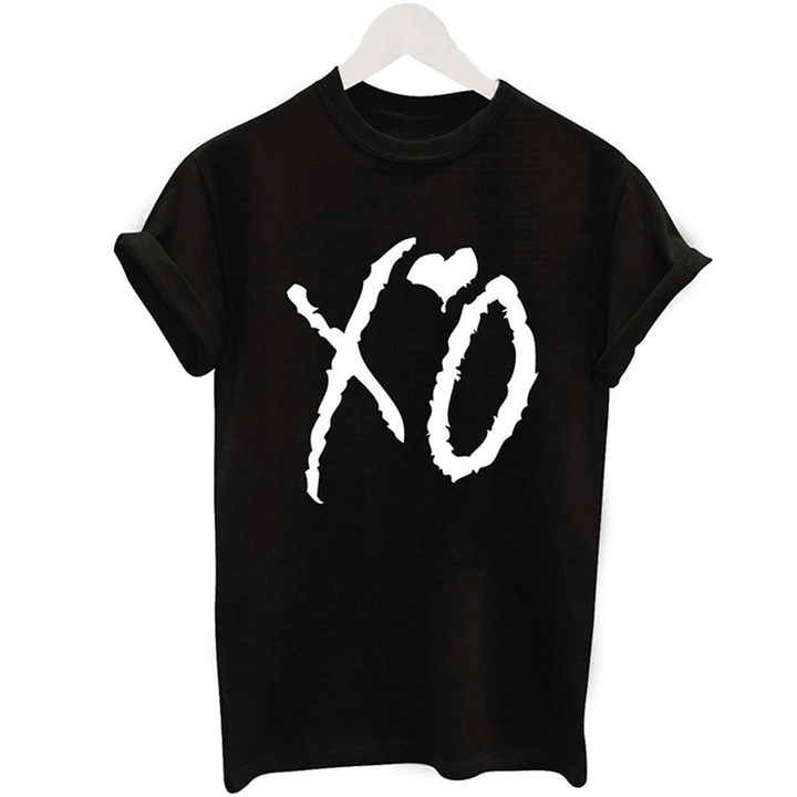 XO Letter Print Fashion Black T-Shirt Women'S round Neck Top