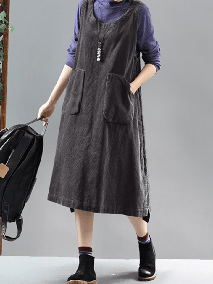 Women Solid Corduroy Sleeveless Side Pocket Knee Length Midi Dresses