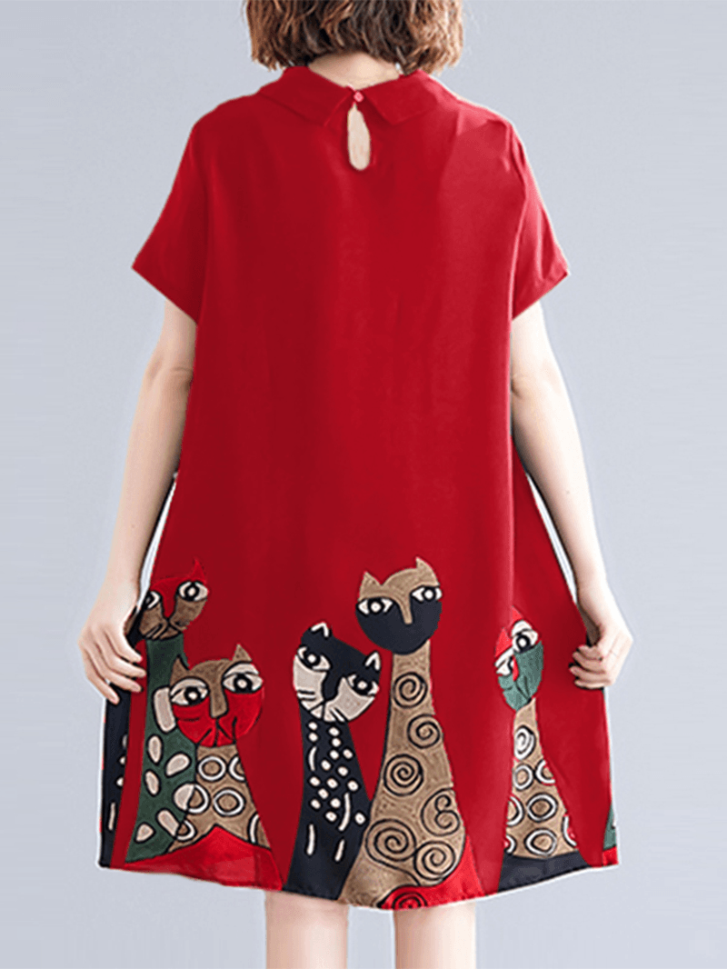 Short Sleeve Lapel Loose Back Button Animal Printed Dress for Women