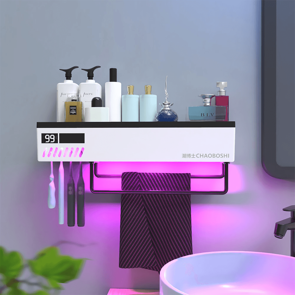 Intelligent Ultraviolet Towel Disinfection Shelf Solar Powerd 99.99% UV Sterilization Rate Toothbrush Sterilizer Holder Bathroom Storage Rack with Visualize Sreen