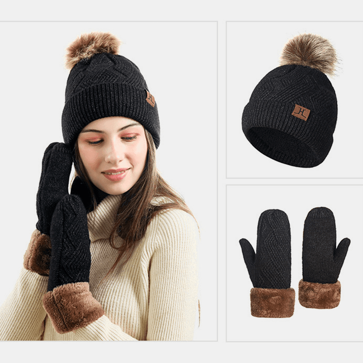 Women 2PCS Wool plus Thicken Warm Winter Outdoor Knitted Gloves Knitted Hat with Fluff Ball