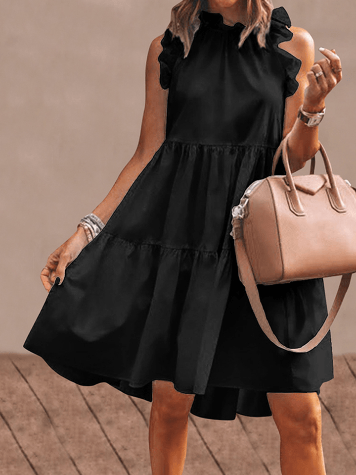 Women Solid Color Ruffles Trim Sleeveless Simple Midi Dresses - MRSLM