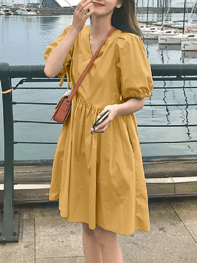 Women Solid Color Puff Sleeve V-Neck Pleats Plain Daily Casual Midi Dress