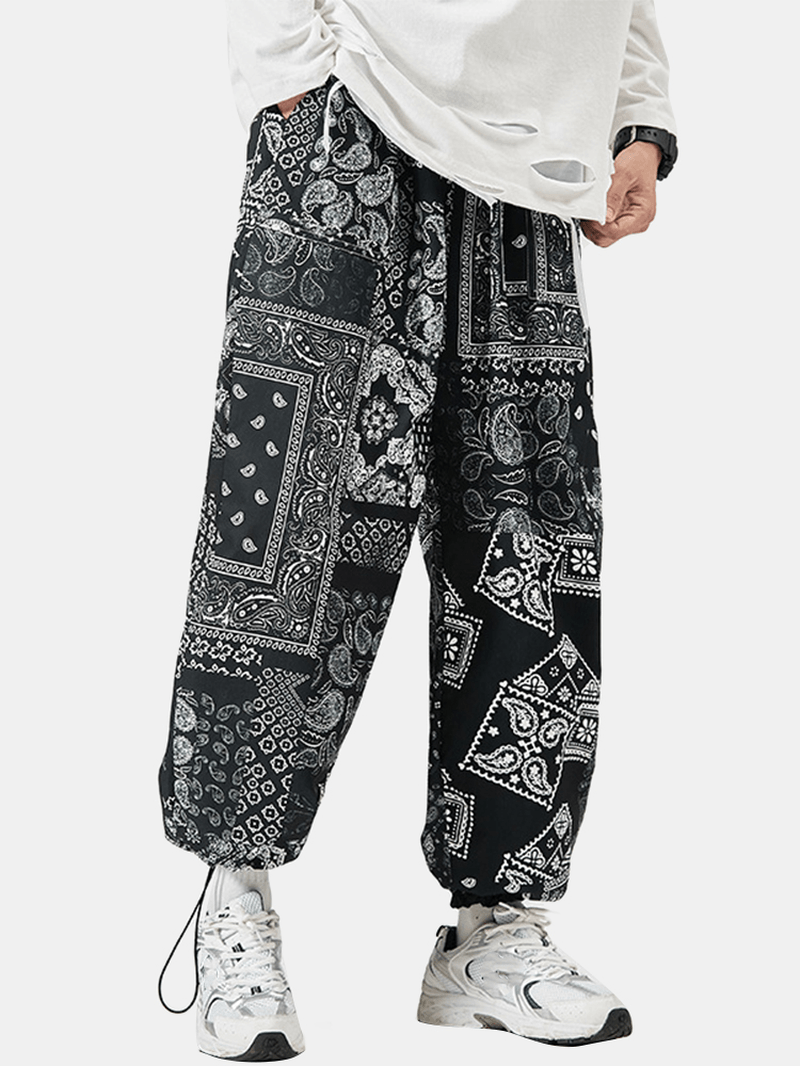 Mens Paisley Ethnic Print Cotton Relaxed Fit Drawstring Cuff Pants