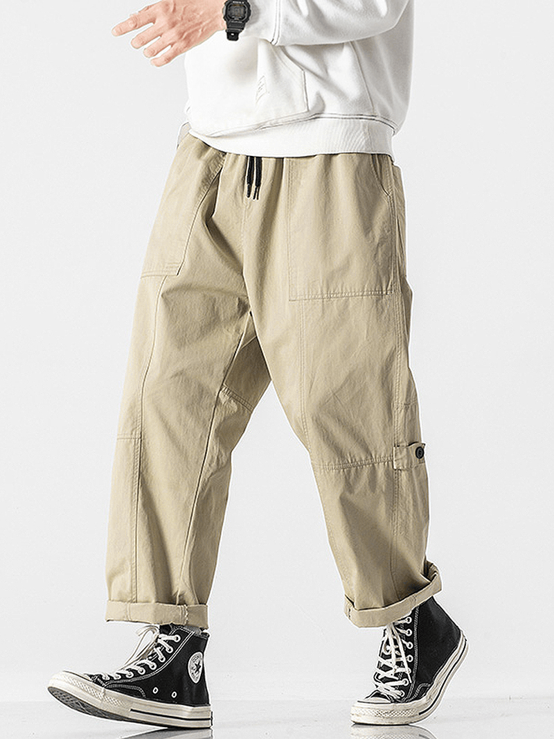 Mens 100% Cotton Solid Color Loose Straight Pants with Pocket