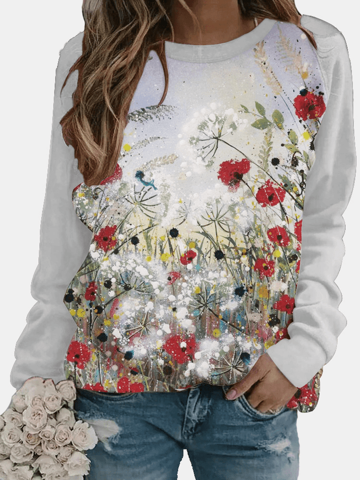 Women Floral Art Illustration Print Casual Long Sleeve Blouses - MRSLM