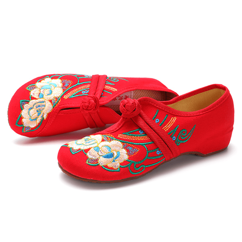 Women Lace up Cloth Chinese Embroidered Flower Flat Loafers