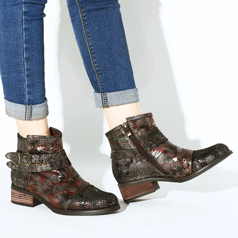 Women Embossed Stitching Metal Zipper Ankle Boots