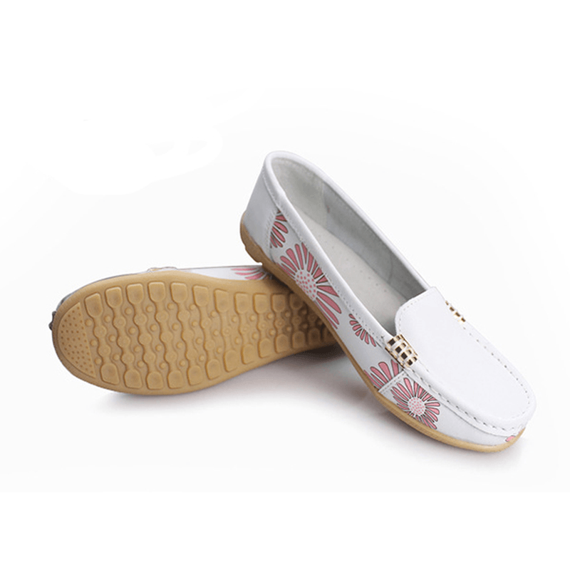 Women Flats Shoes Comfortable Slip-On Soft Casual Flower Floral Leather Loafers Flats Shoes