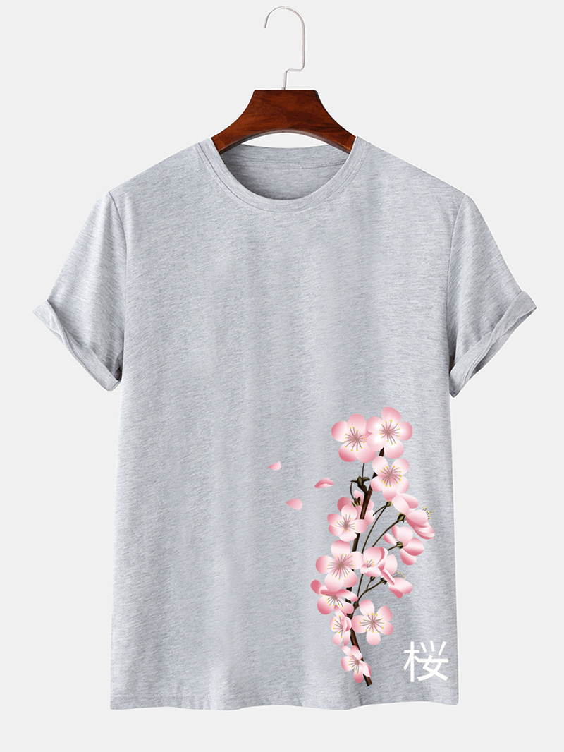 Mens Cherry Print Japanese Style O-Neck Short Sleeve T-Shirt