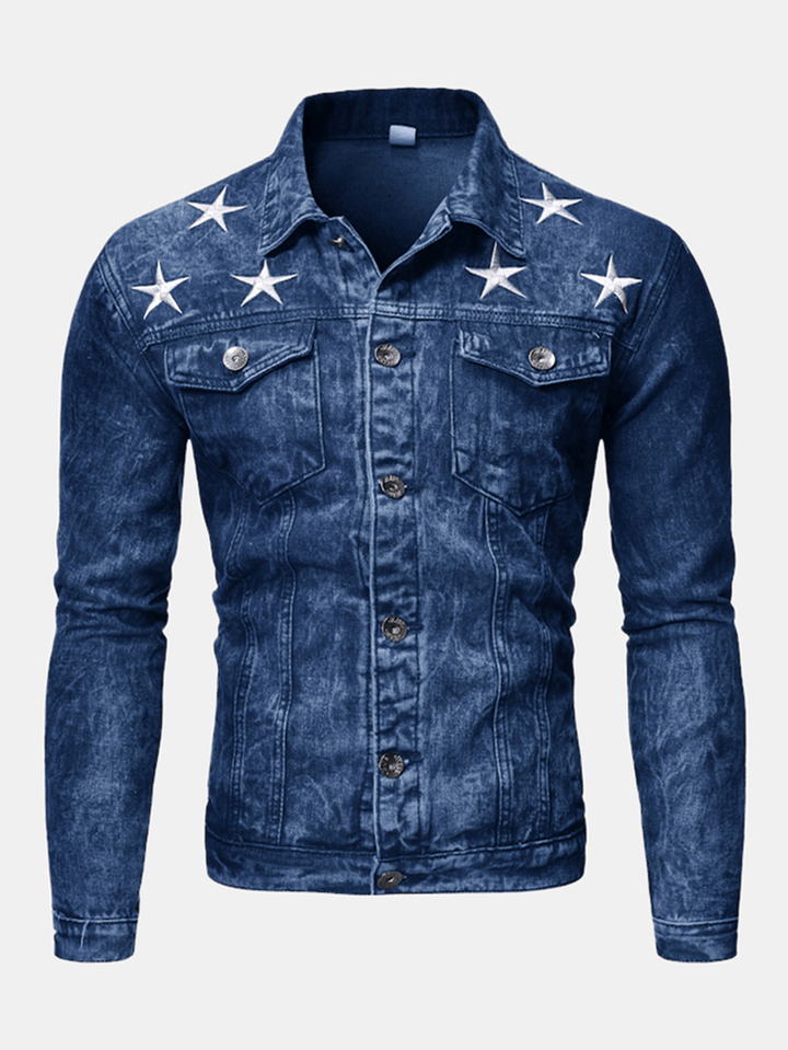 Men'S Fashion Print Pocket Decoration Casual Washed Denim Jacket