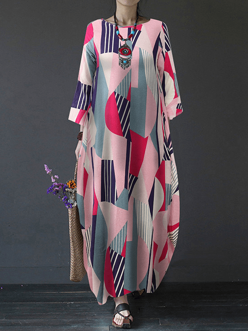 Long Sleeve O-Neck Geometry Print Loose Cotton Baggy Maxi Dress - MRSLM