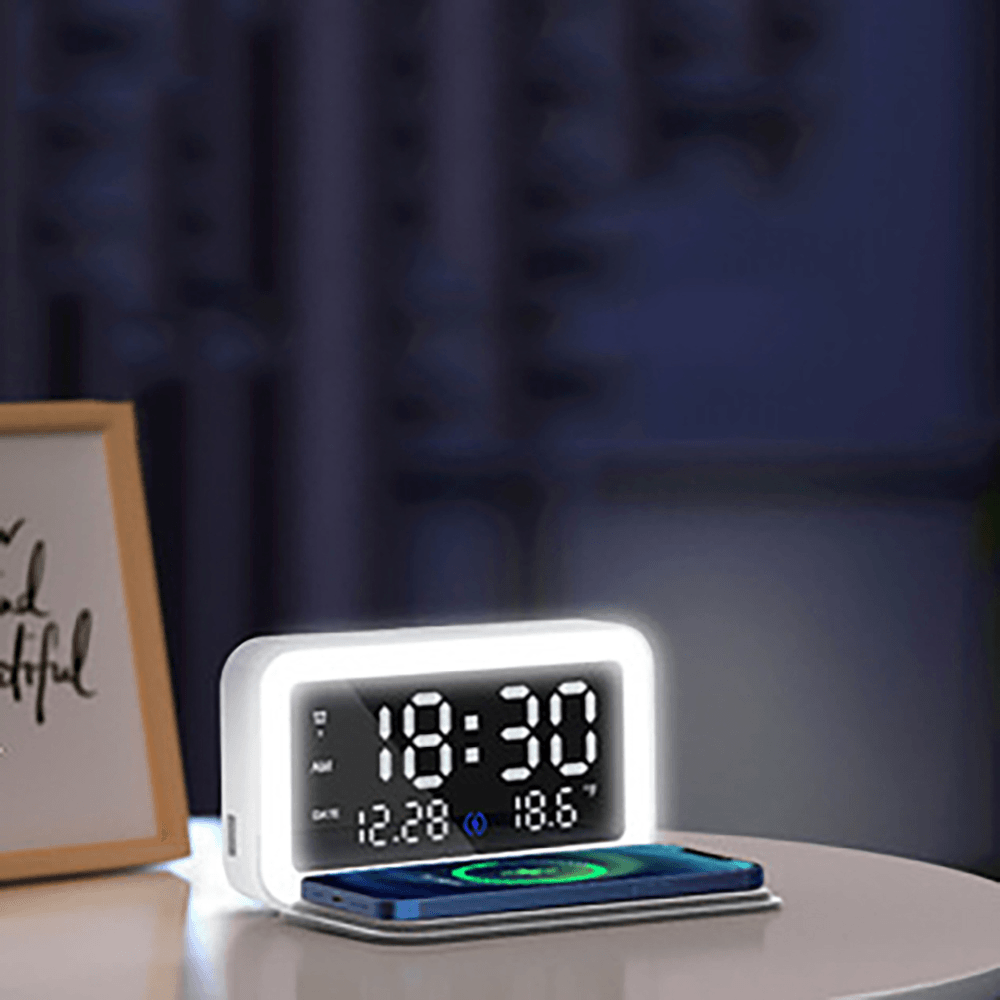 6 in 1 LED Electric Alarm Clock Thermometer Digital Multifunction Night Light Clock with Mobile Phone Wireless Charger Home Office Supplies