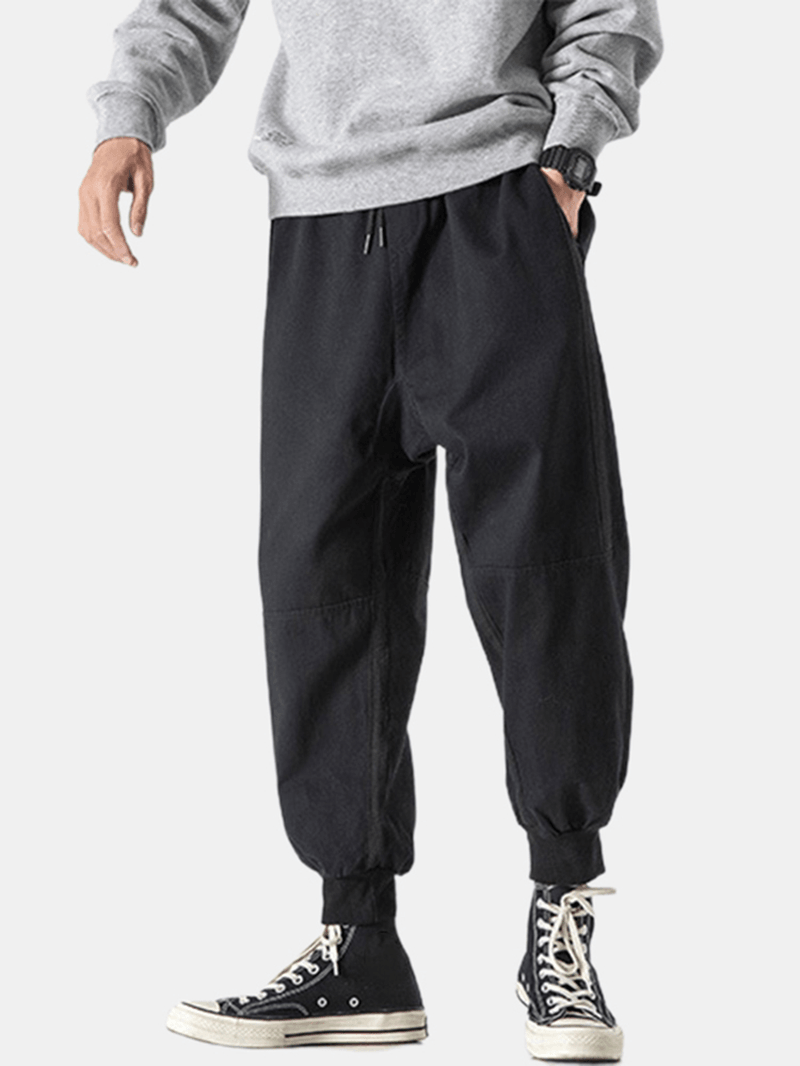 Mens Letter Print Side Ribbon Cotton Drawstring Cargo Pants with Pocket