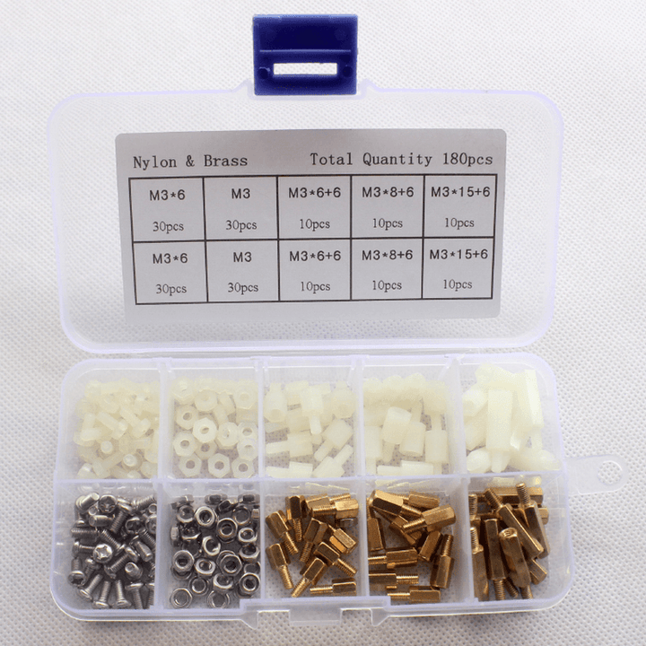 Suleve M3BN6 180Pcs M3 Nut Screw Standoff Set Nylon Stainless Steel Brass Hex Standoff Nut Screw Set Assortment Kit with Storage Box