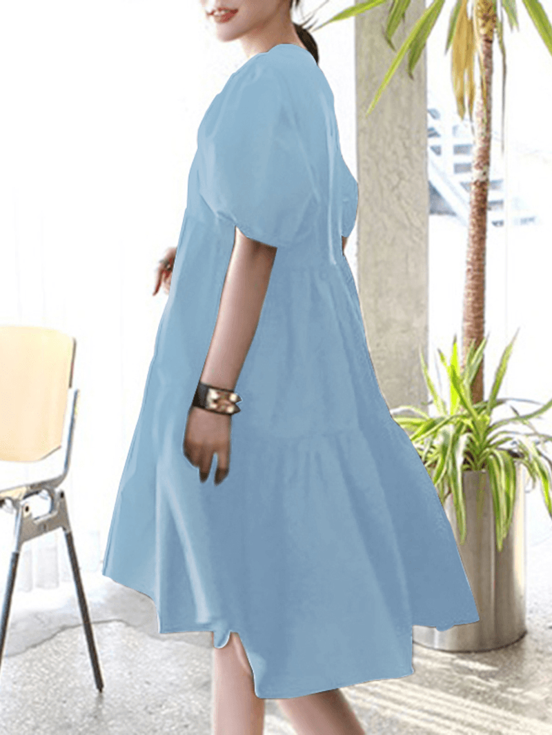 Women Solid Color Tiered round Neck Stitching Casual Short Sleeve Midi Dresses