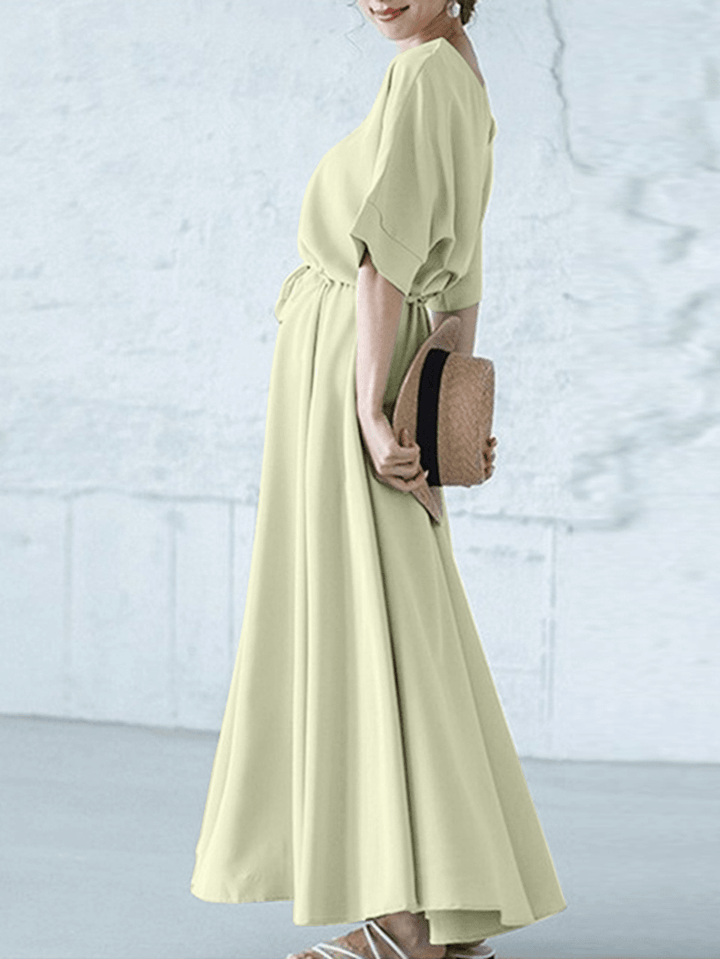 Solid Color V-Neck Drawstring Waist Short Sleeve Maxi Dress