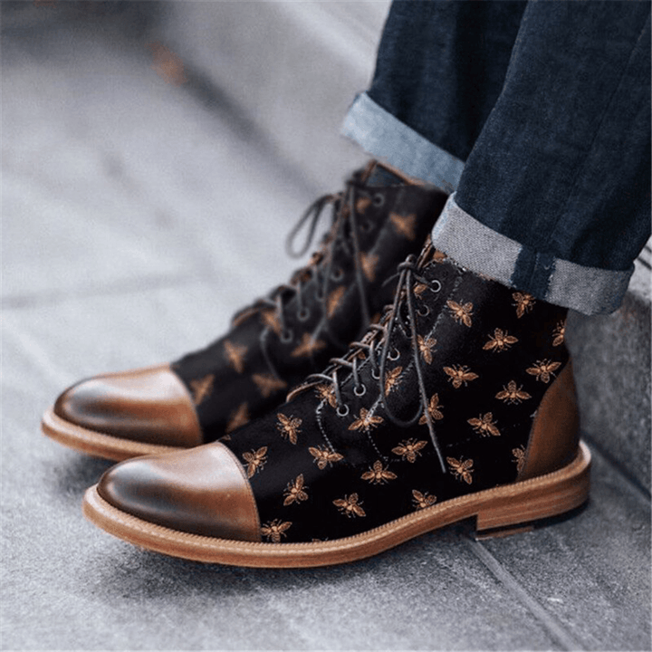 Men British Style Cap Toe Splicing Bees Printed Cloth Ankle Jack Boots